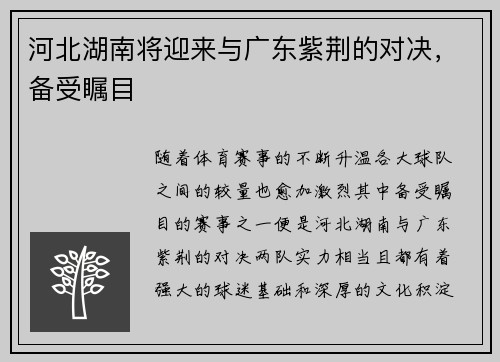河北湖南将迎来与广东紫荆的对决，备受瞩目