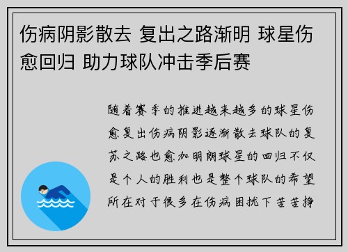 伤病阴影散去 复出之路渐明 球星伤愈回归 助力球队冲击季后赛