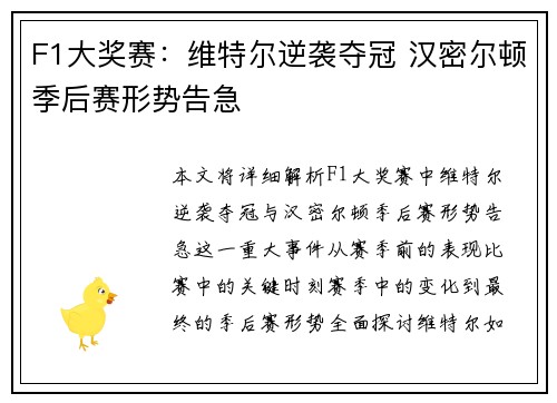 F1大奖赛：维特尔逆袭夺冠 汉密尔顿季后赛形势告急