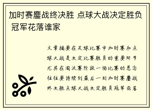 加时赛鏖战终决胜 点球大战决定胜负 冠军花落谁家