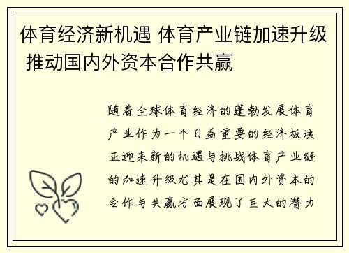 体育经济新机遇 体育产业链加速升级 推动国内外资本合作共赢
