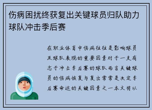 伤病困扰终获复出关键球员归队助力球队冲击季后赛