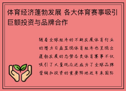 体育经济蓬勃发展 各大体育赛事吸引巨额投资与品牌合作
